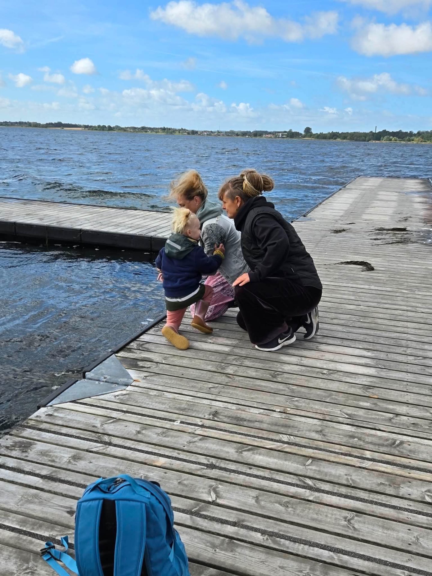 Børn og voksne undersøger vandet fra badebroen